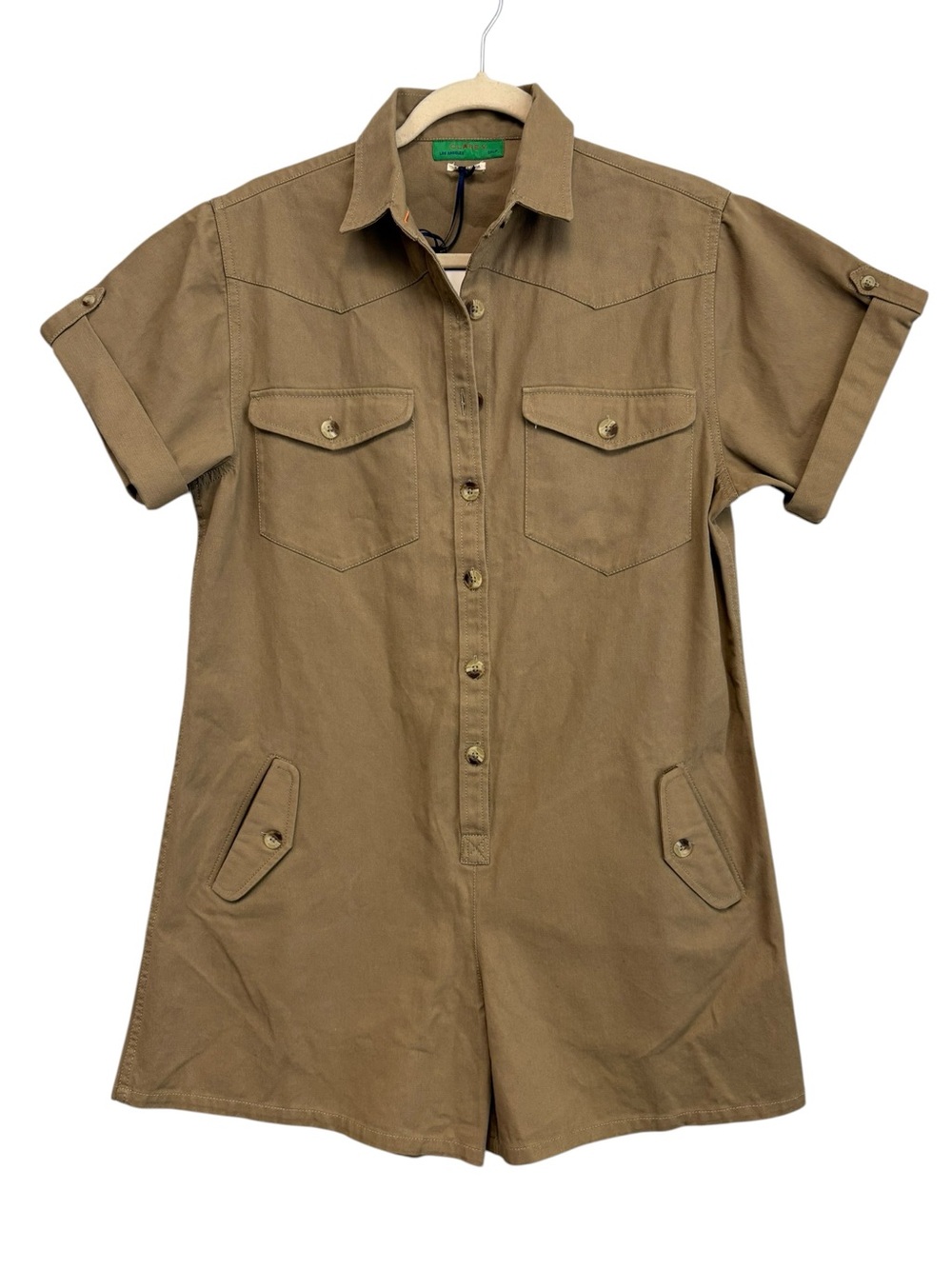 New Clare V Utility Cargo Short Sleeve Romper in Khaki Green Size Small